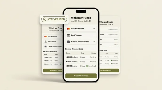 Schermata dei prelievi su Winnita con metodi di pagamento, stato in attesa e completato e badge di verifica KYC
